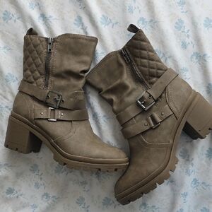 Women's Taupe Buckle Quilted Mid-Calf Heeled Boots